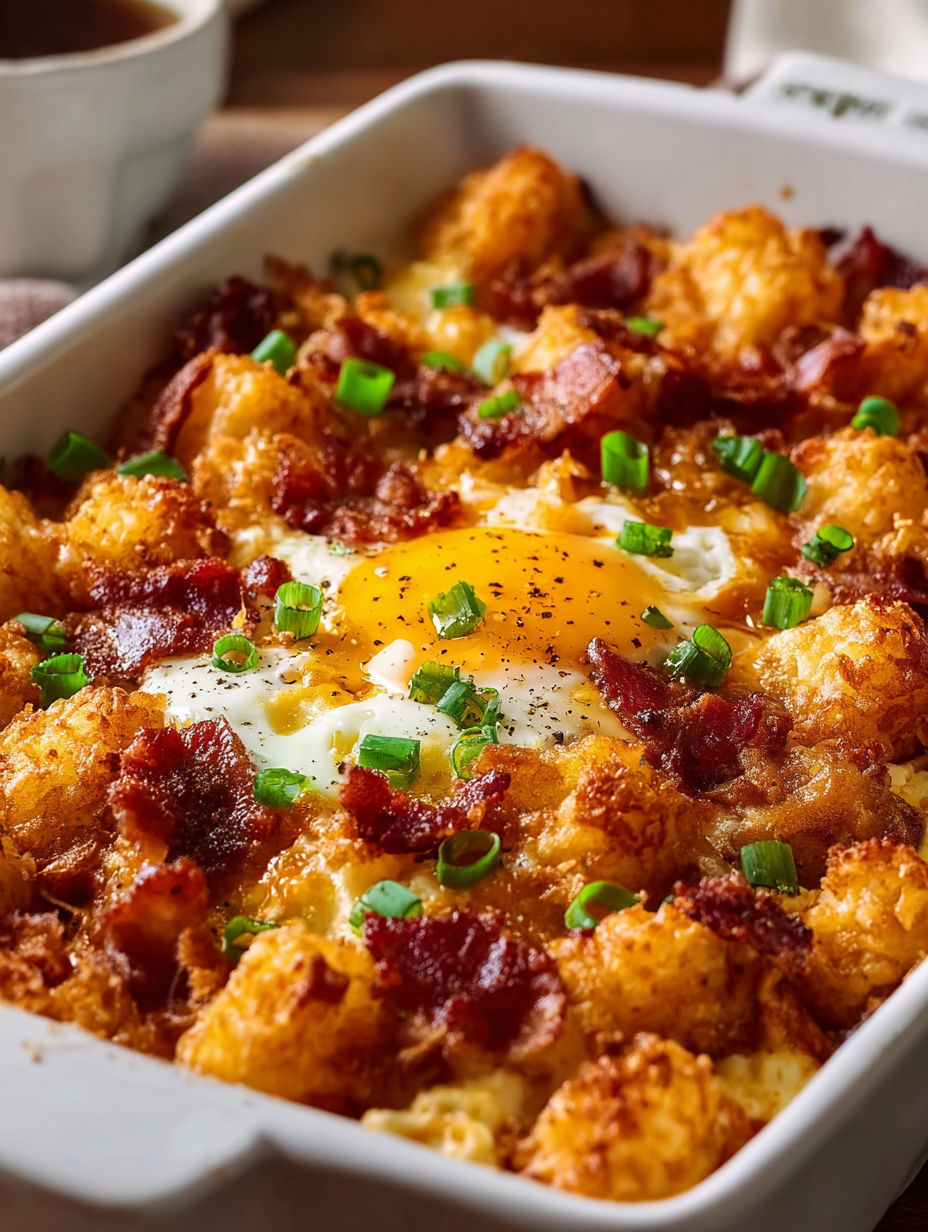 A dish of bacon and eggs tater tot casserole.