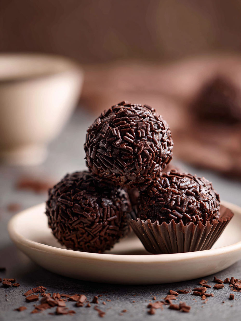 A plate of chocolate covered balls.
