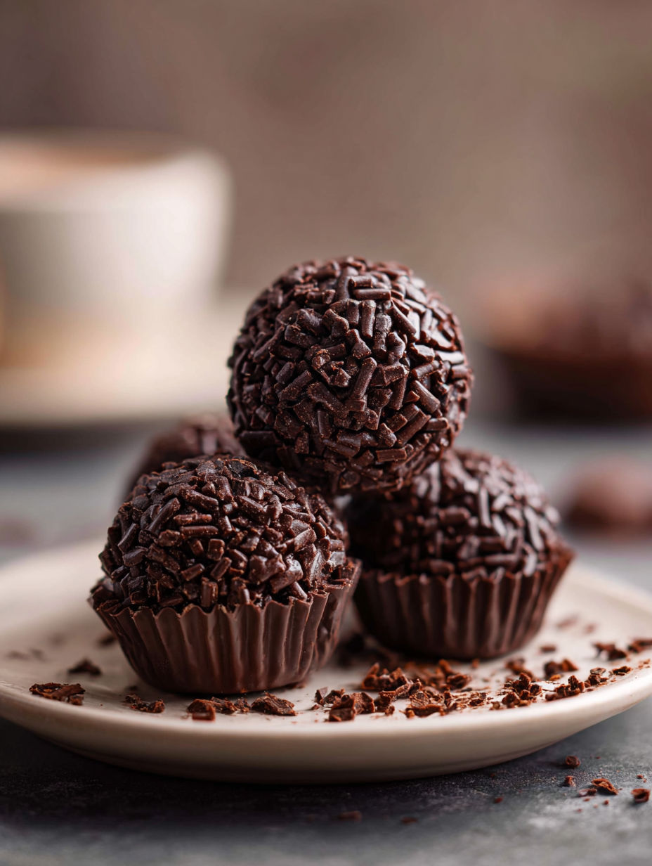 A plate of chocolate covered balls.