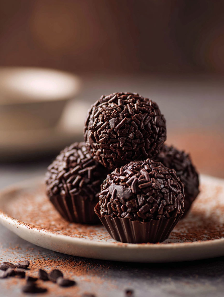 Three chocolate covered balls on a plate.
