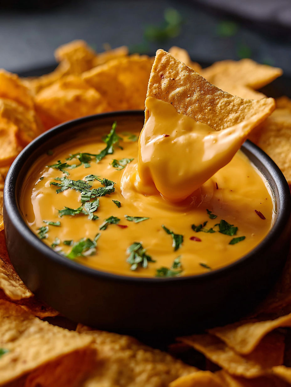 A bowl of cheese dip with a spoon in it.