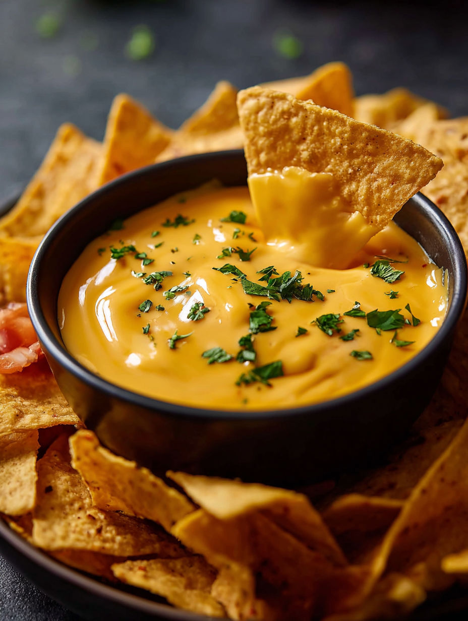 A bowl of cheese dip with chips.