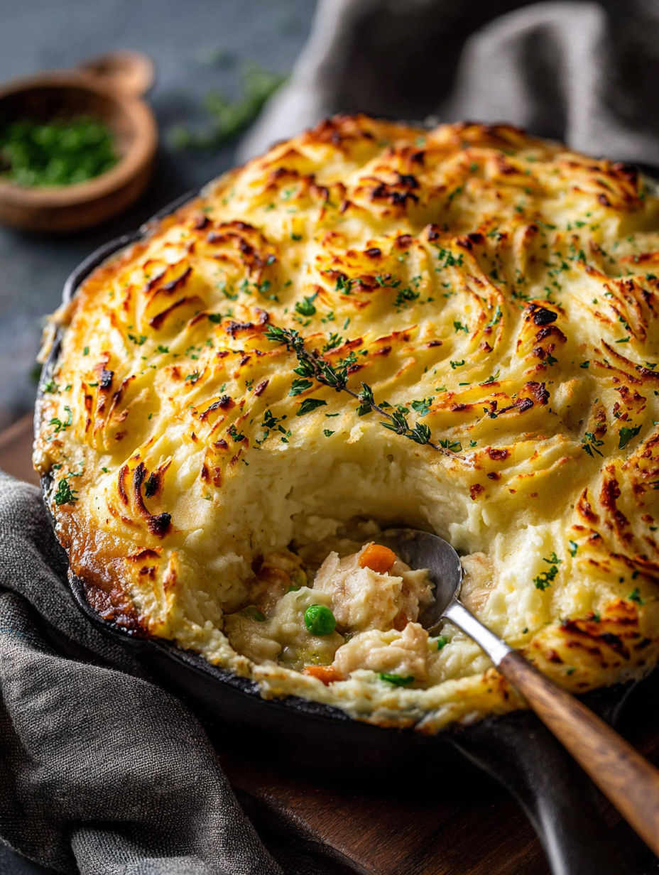A close up of a chicken shepherd's pie.
