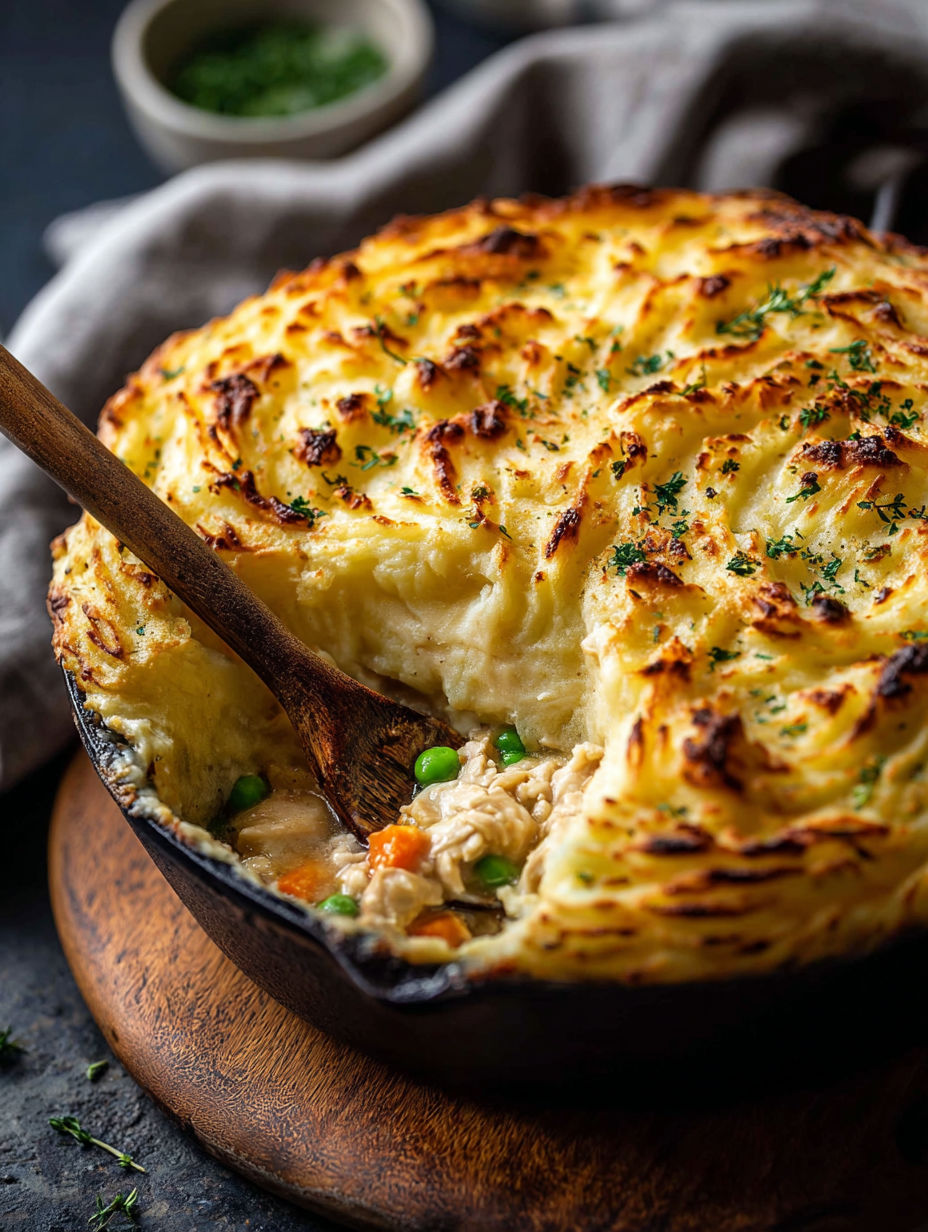 A close up of a chicken shepherd's pie.