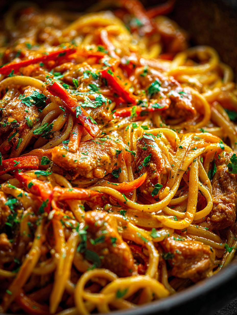 A dish of pasta with meat and vegetables.