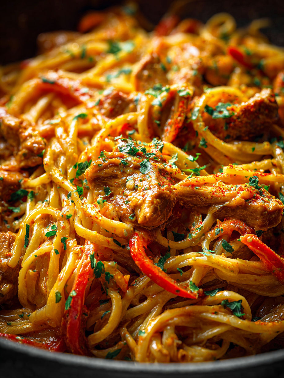A plate of pasta with meat and vegetables.