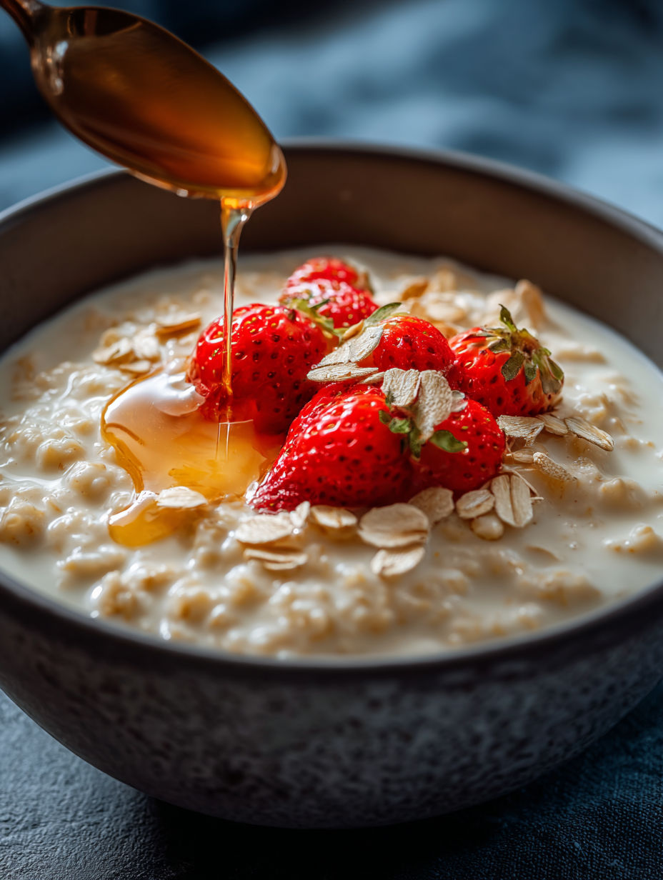 A bowl of oatmeal with strawberries and honey.