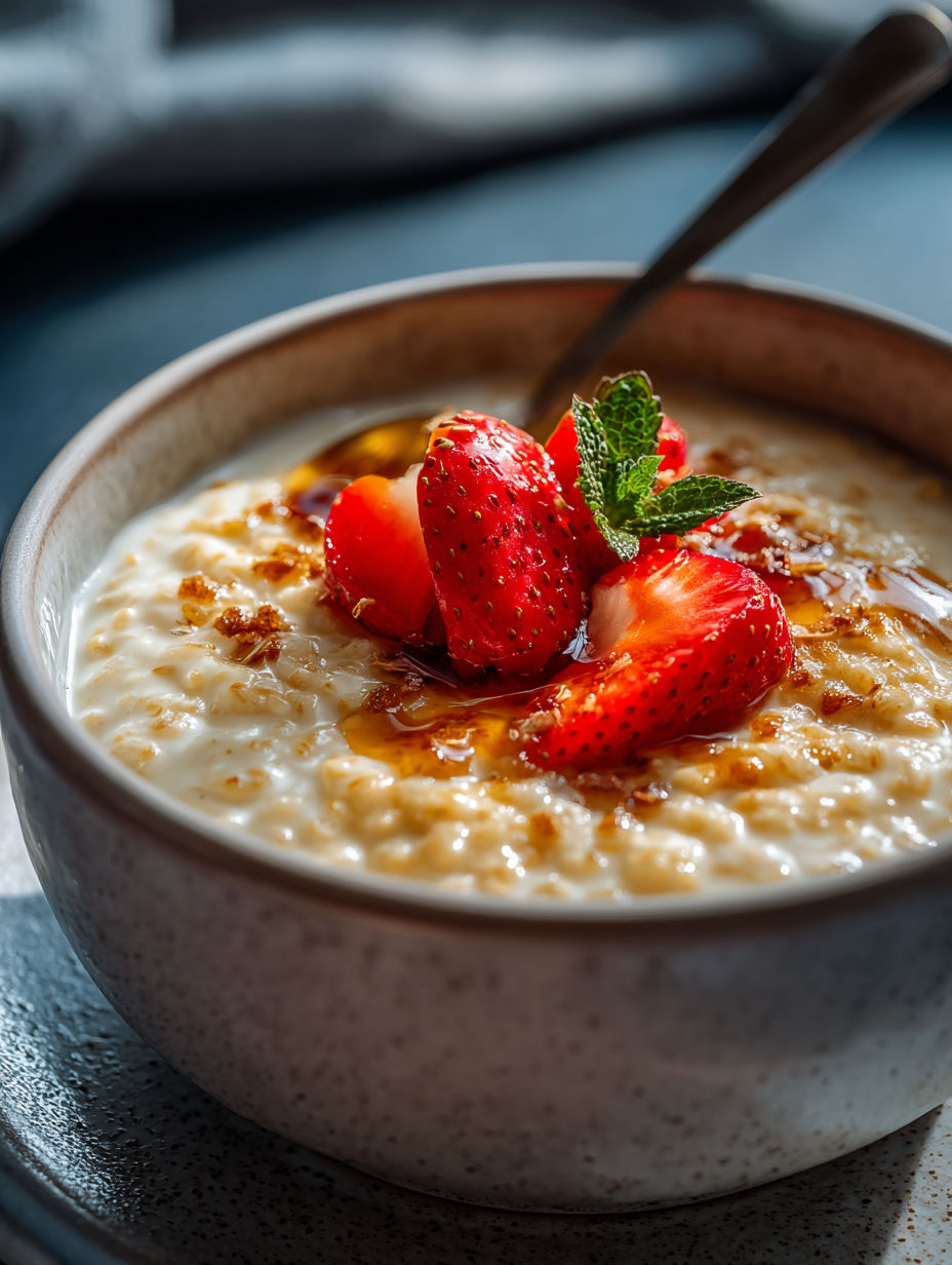 A bowl of oatmeal with strawberries on top.