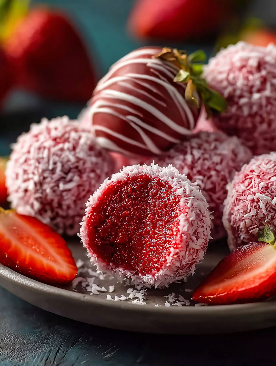 A plate of red strawberries and white chocolate truffles.