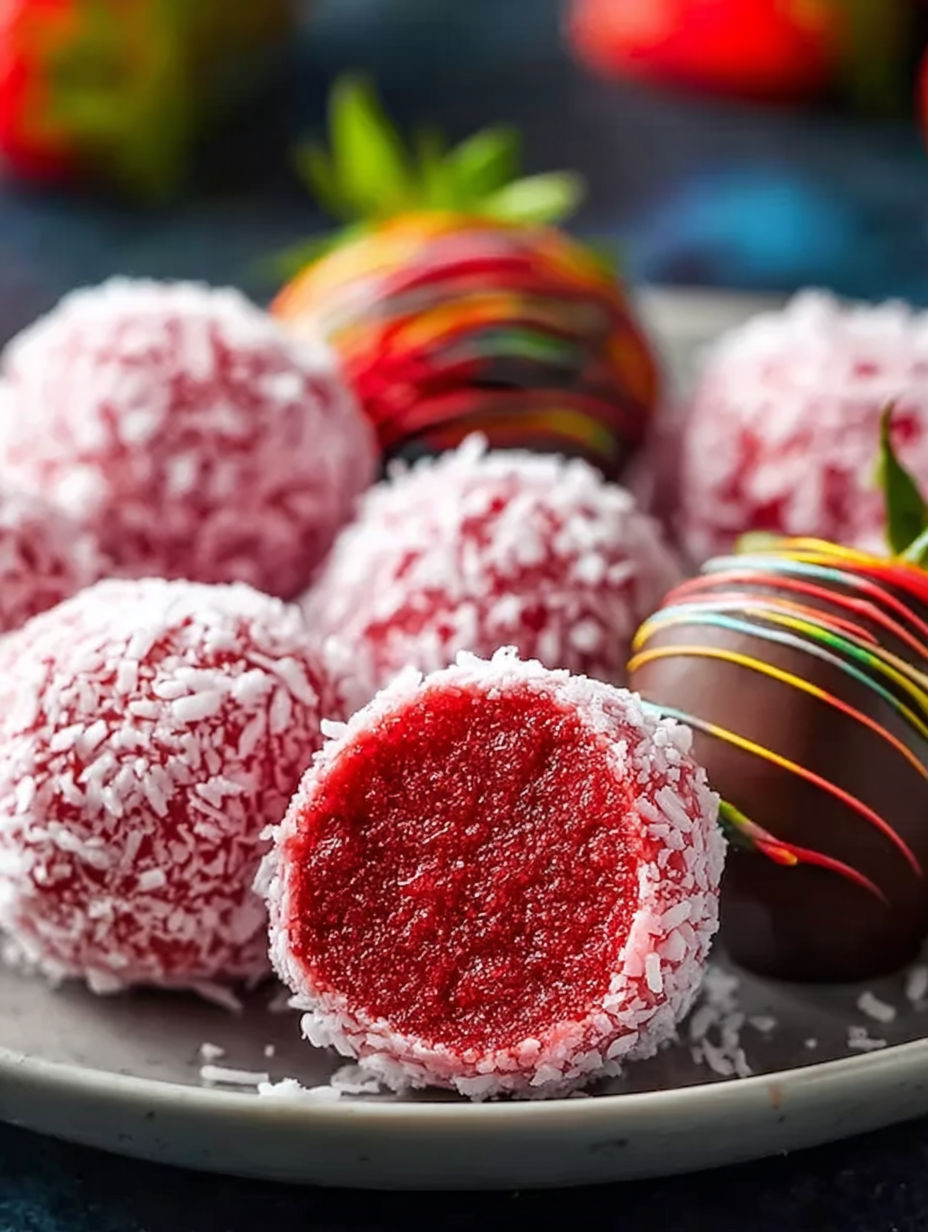 A plate of red and white balls.