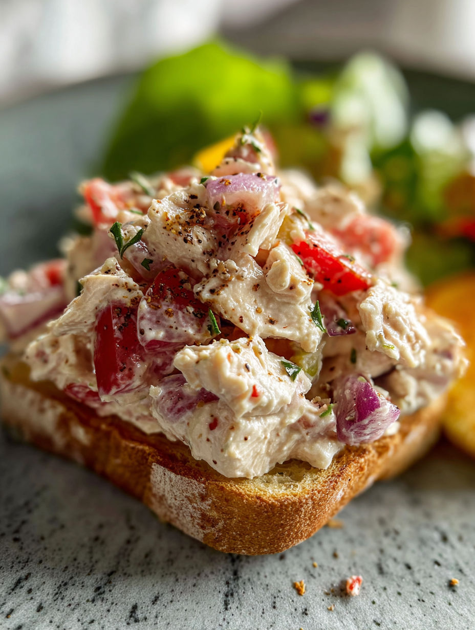 A slice of bread with chicken salad on it.