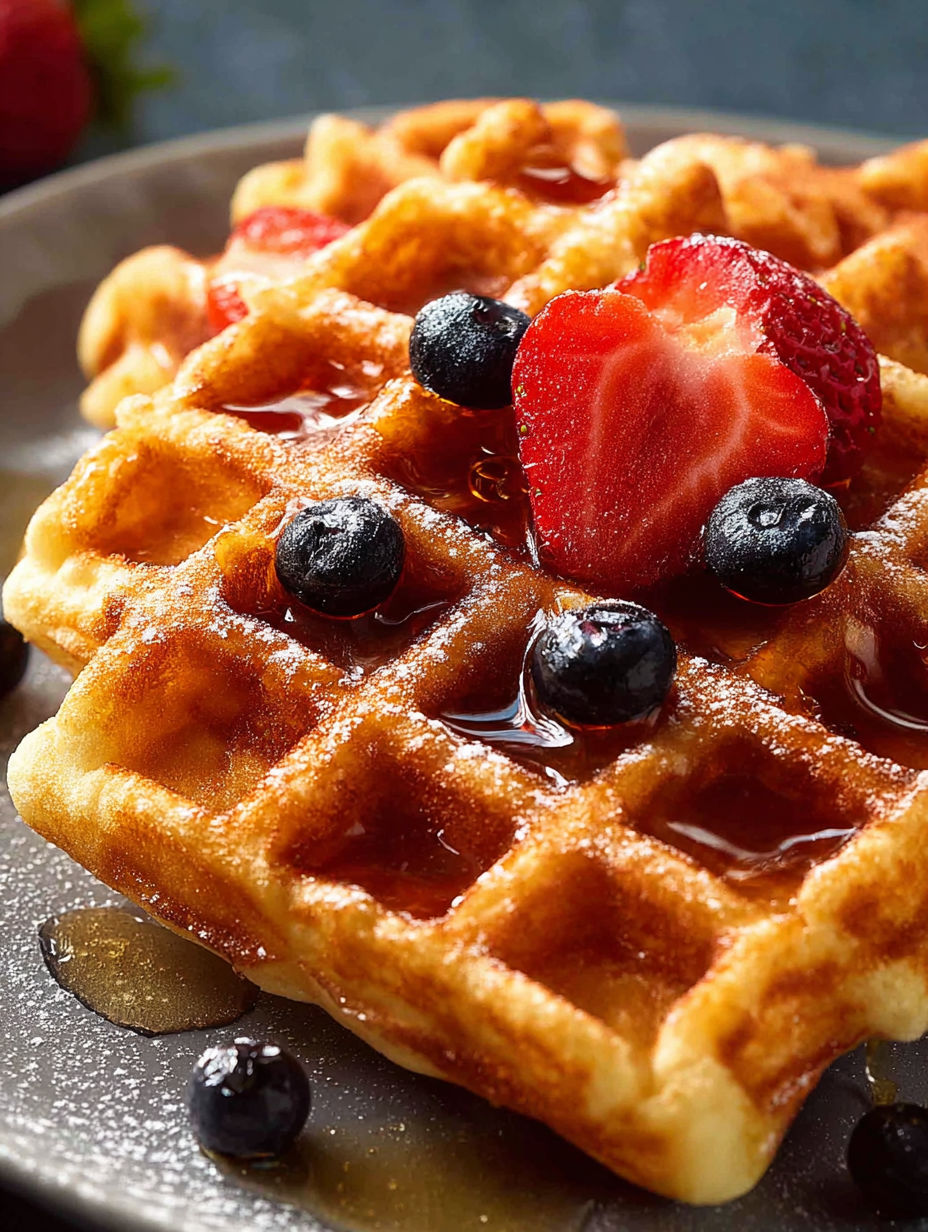 A waffle with strawberries and blueberries on top.