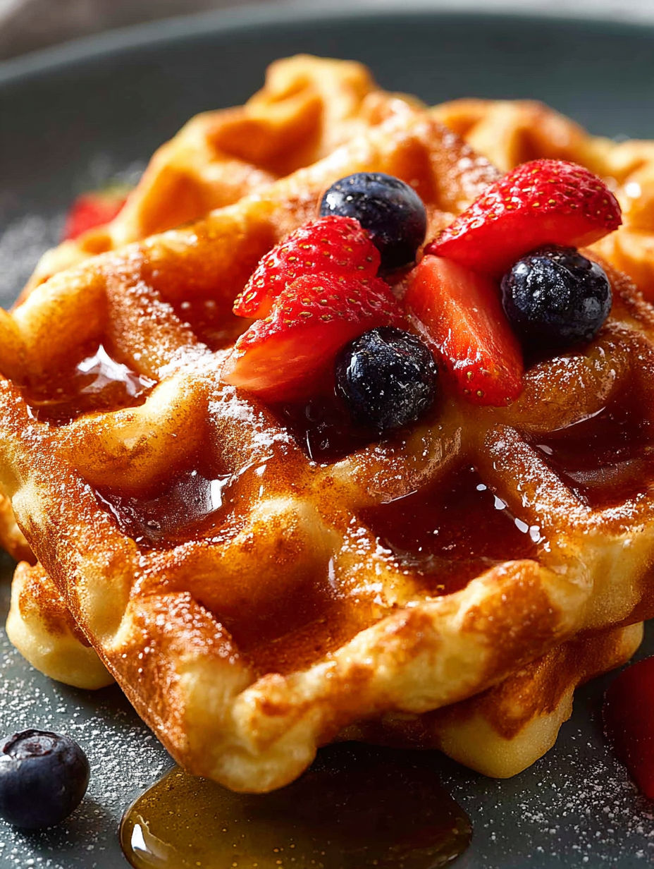 A waffle with strawberries and blueberries on top.