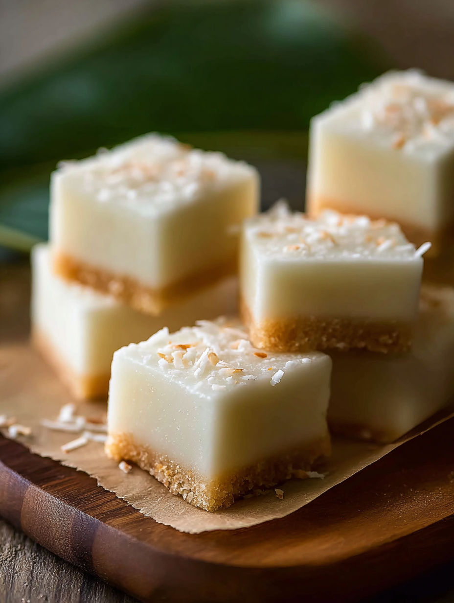 Coconut haupia squares on a wooden tray.