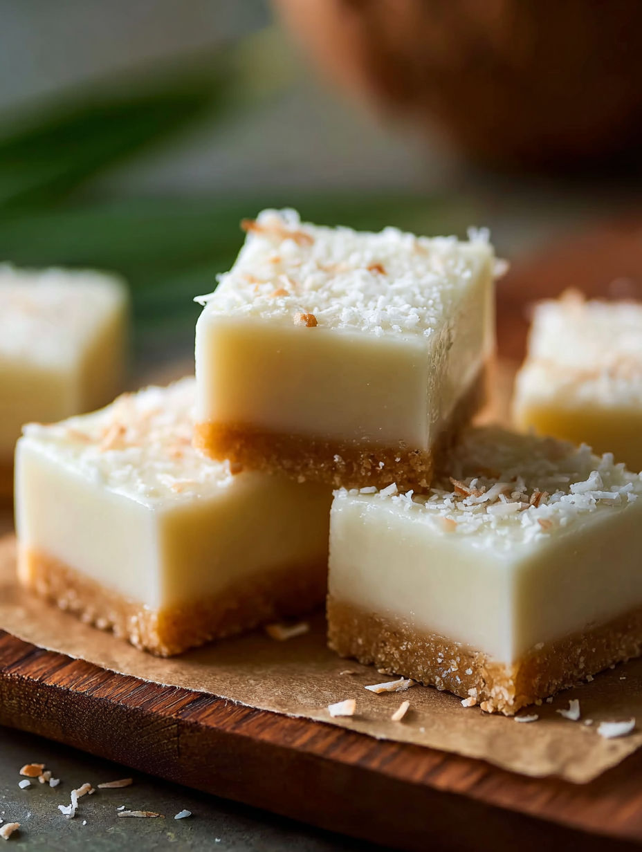 A square of cake with coconut on top.