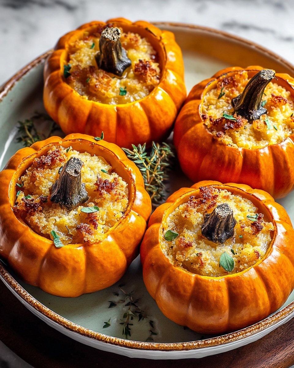 Four stuffed pumpkins on a plate.