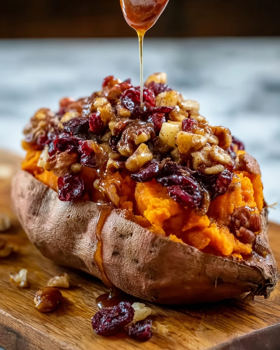 A close up of a sweet potato with a topping of nuts and cranberries.
