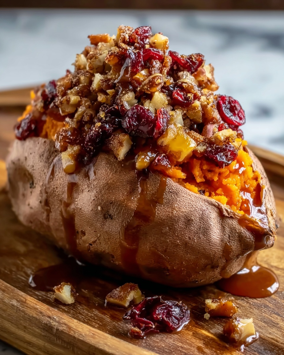 A close up of a sweet potato with a brown sauce on top.