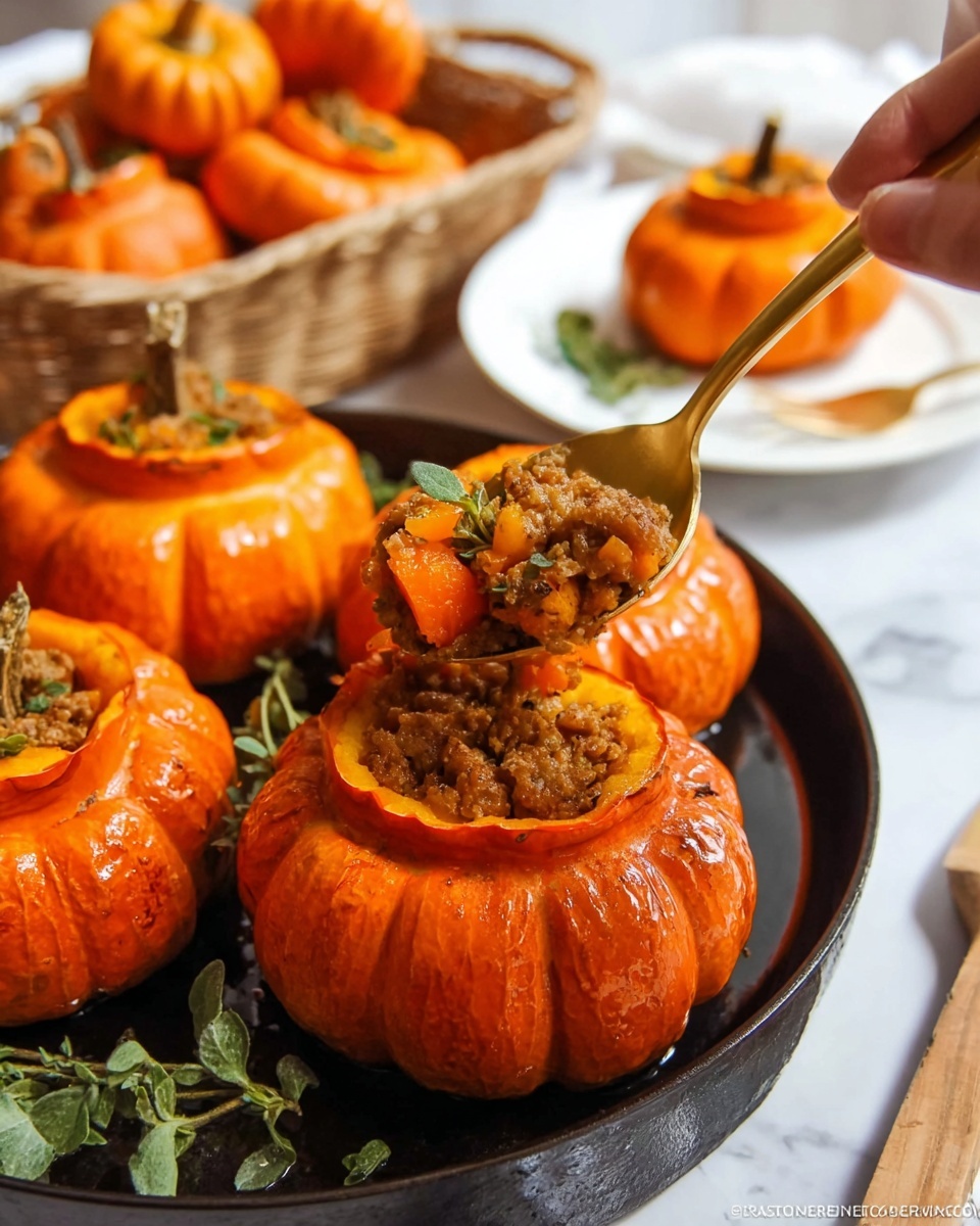 A person is eating food from a stuffed mini pumpkin.