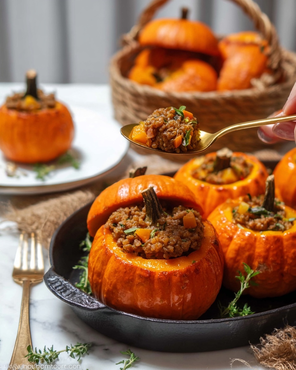 A person is eating a stuffed mini pumpkin.