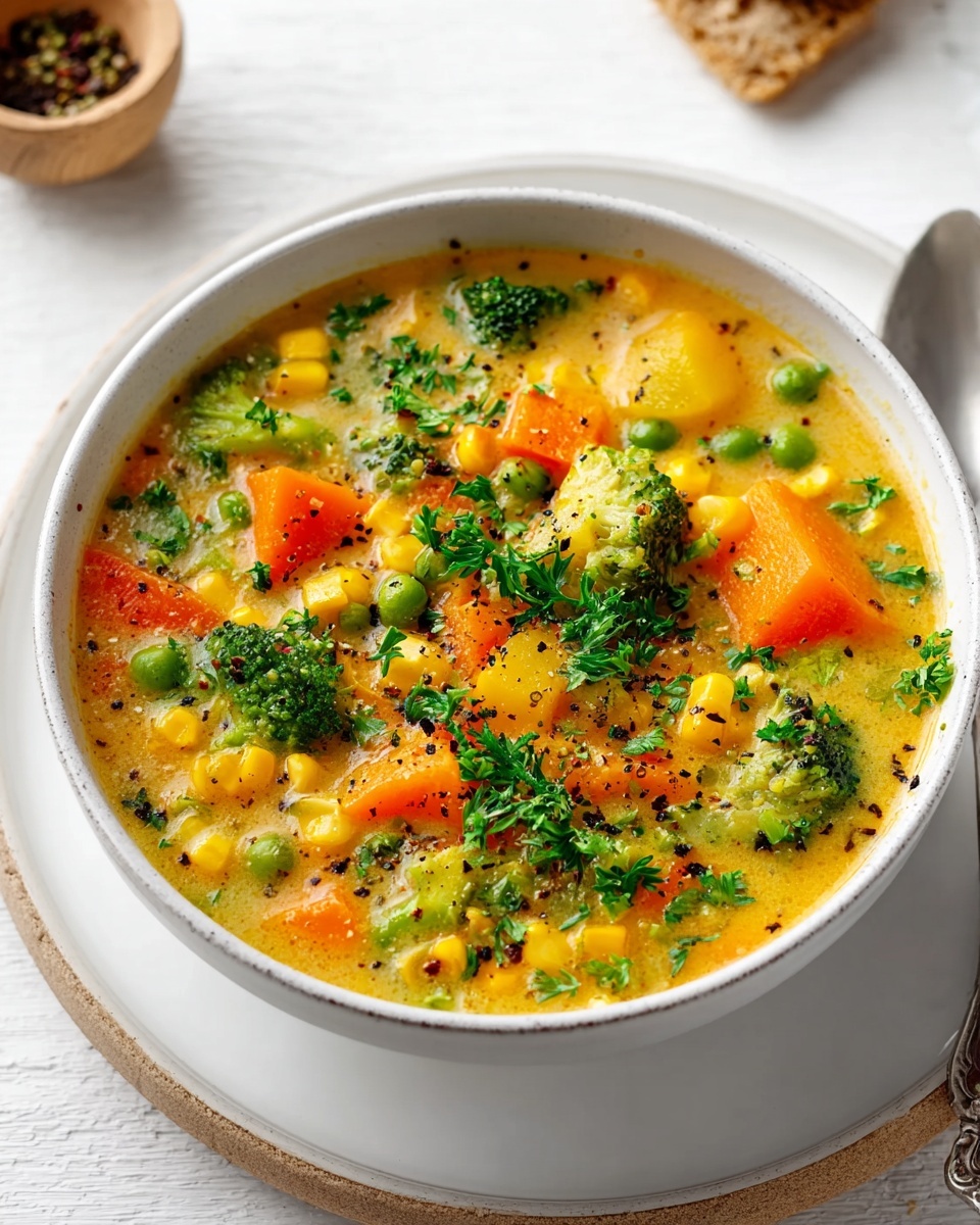 A bowl of soup with broccoli and carrots.