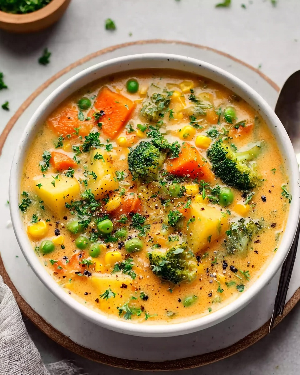 A bowl of soup with broccoli and carrots.