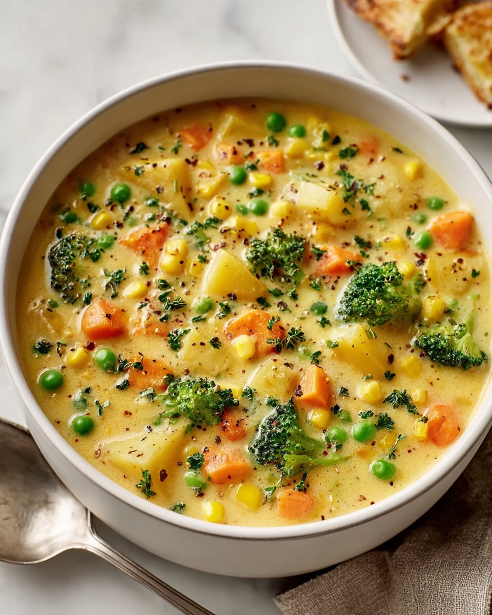 A bowl of soup with vegetables and peas.