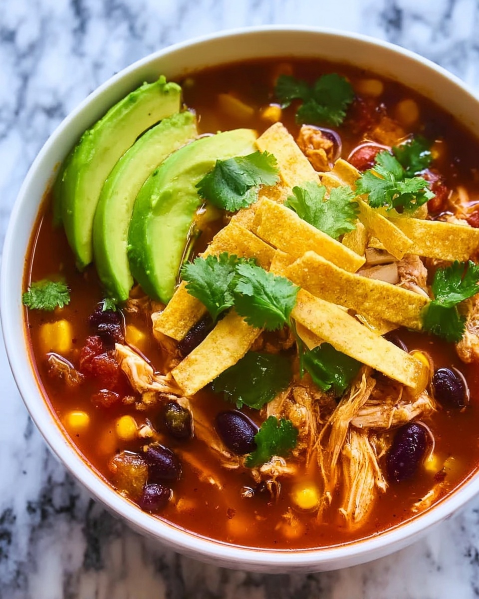 A bowl of chicken tortilla soup with chips and avocado.