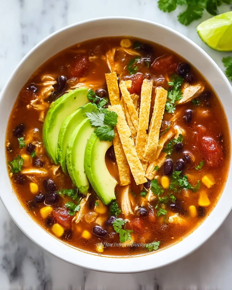 A bowl of chicken tortilla soup with chips on top.