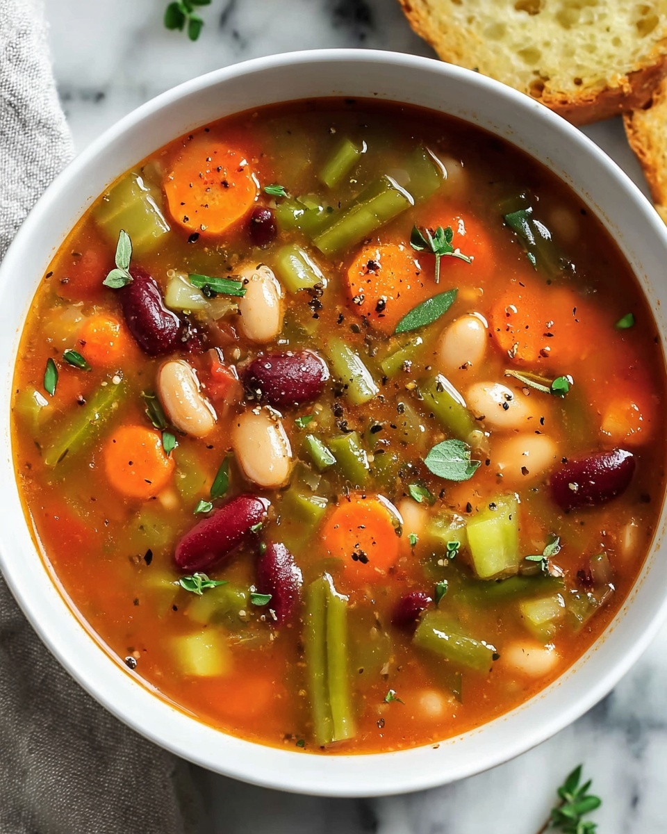 A bowl of soup with vegetables and beans.