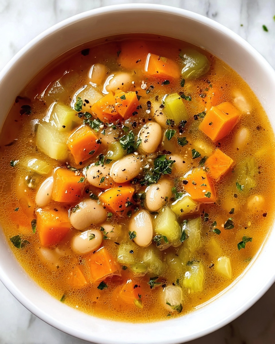 A bowl of soup with carrots, beans, and other vegetables.