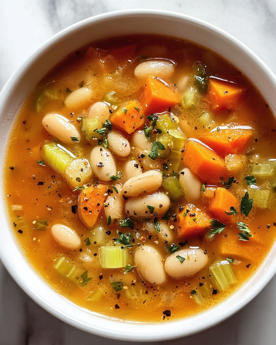 A bowl of soup with beans, carrots, and celery.