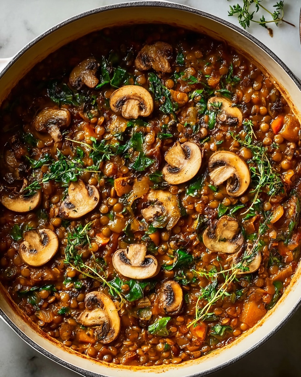 A bowl of vegan lentil mushroom stew.