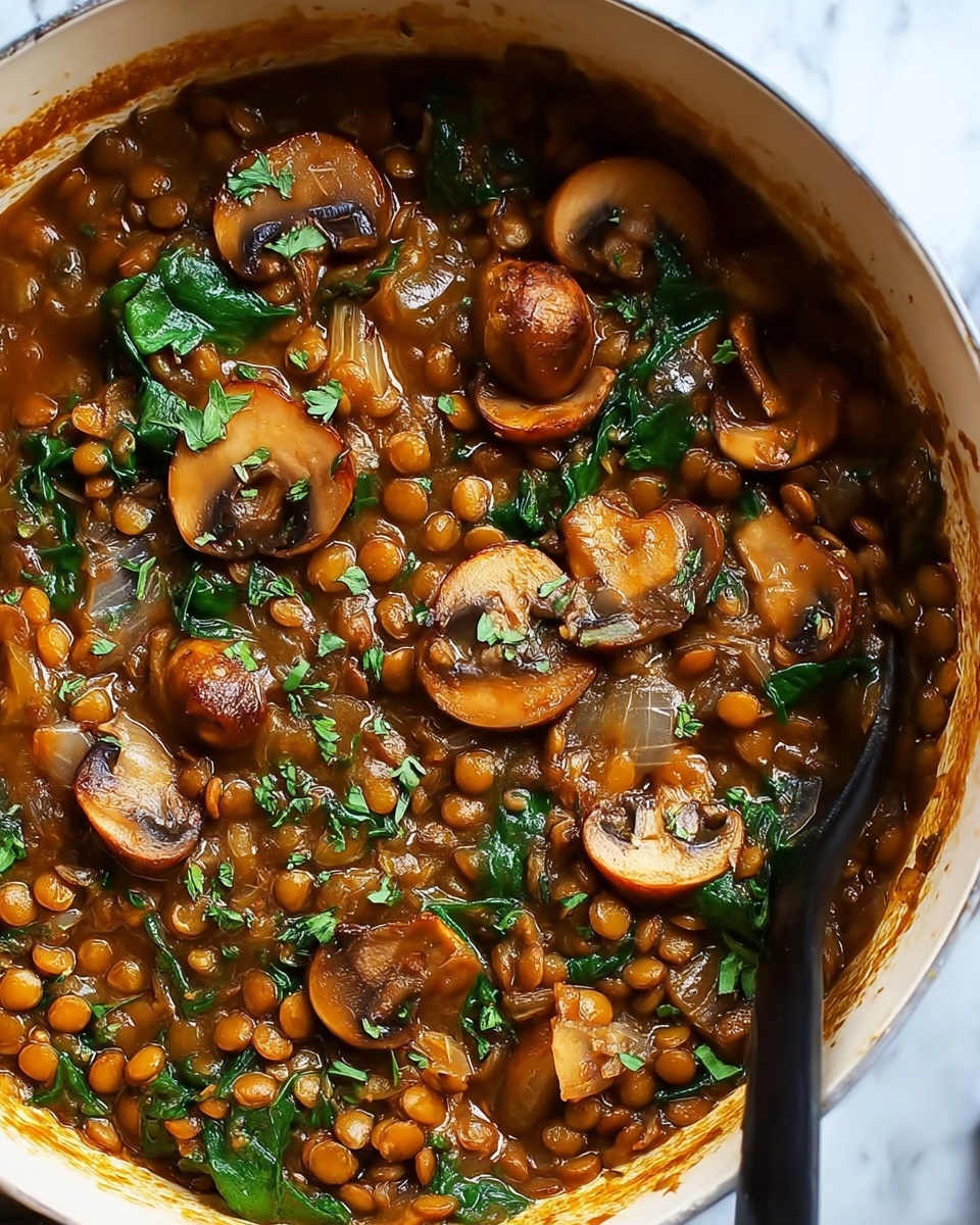 A bowl of mushrooms and lentils.