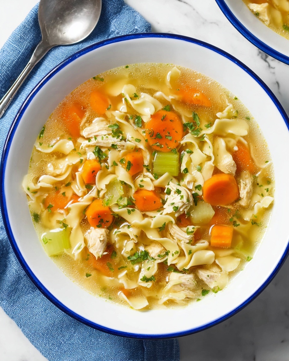 A bowl of vegan chicken noodle soup.