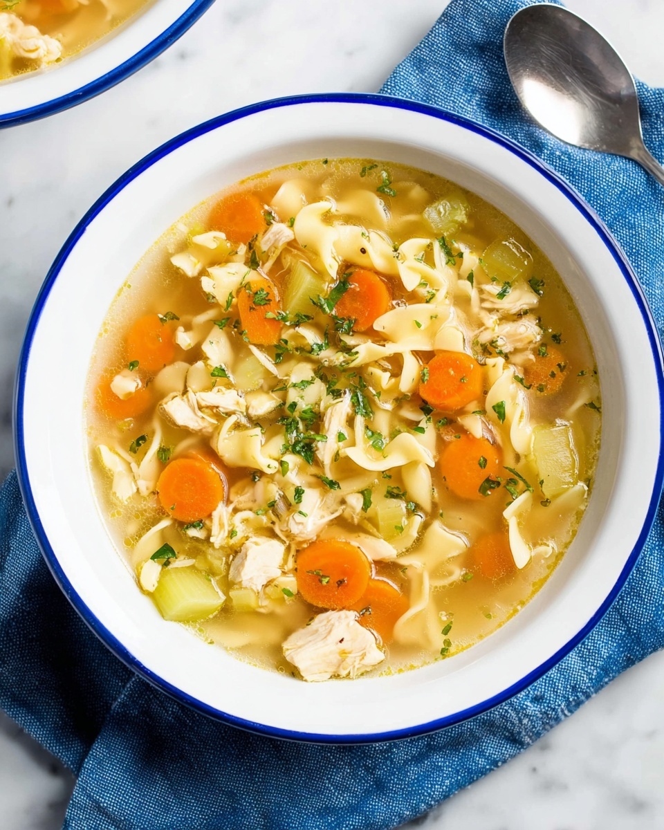 A bowl of soup with chicken and carrots.