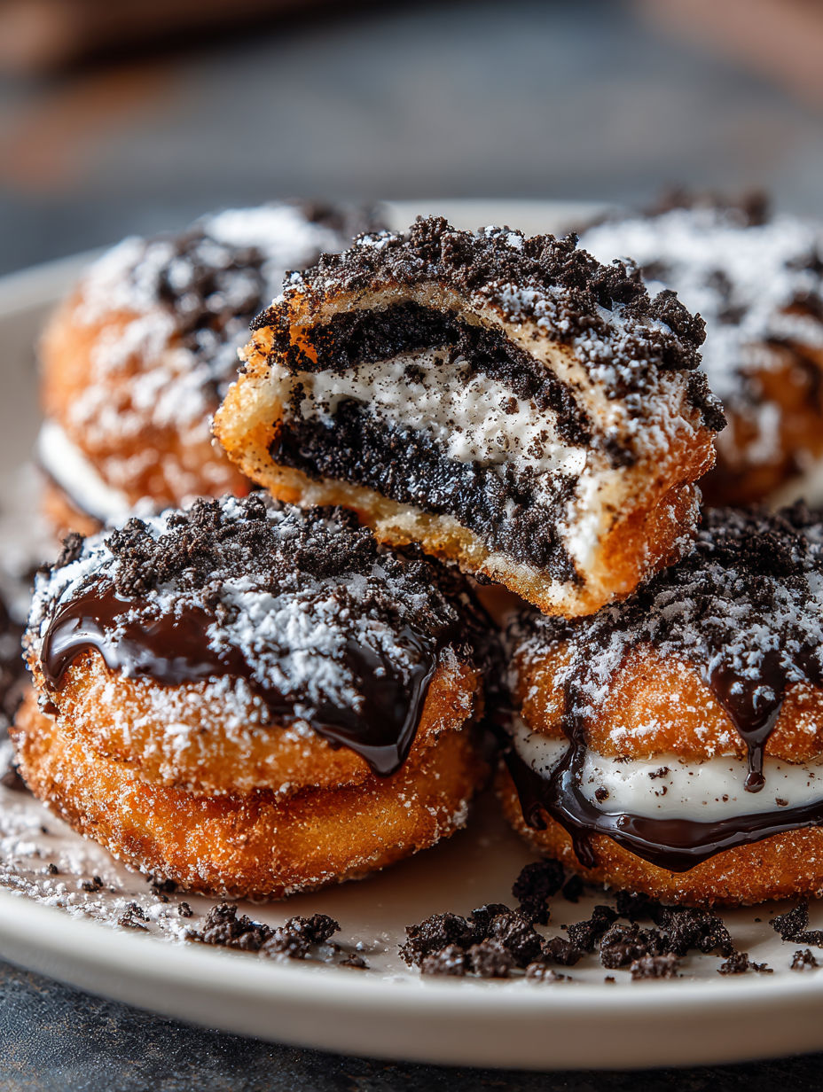 Air fryer fried oreos with chocolate drizzle.