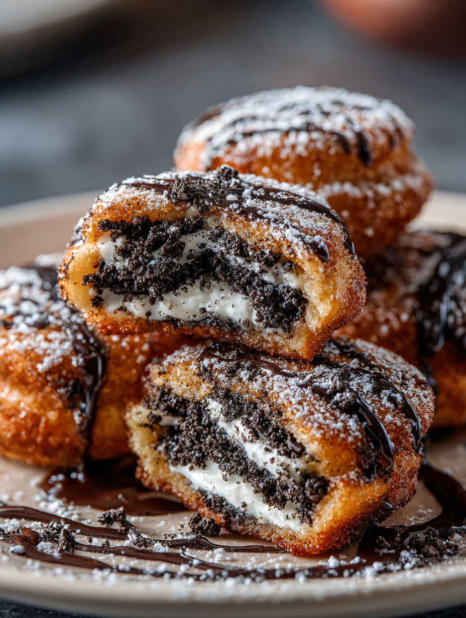Air fryer fried oreos with chocolate drizzle.