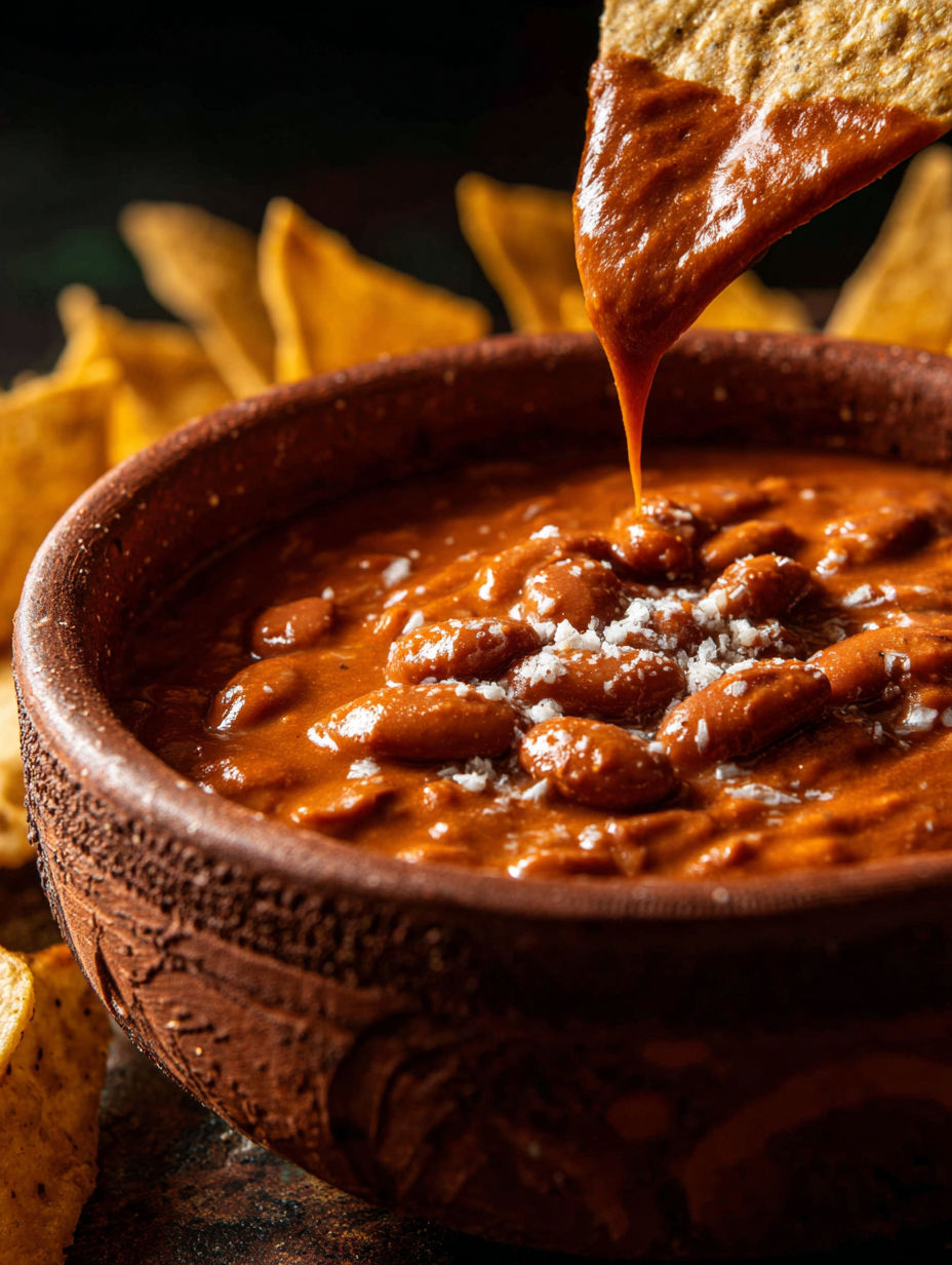 A bowl of Frijoles Puercos with a spoon in it.
