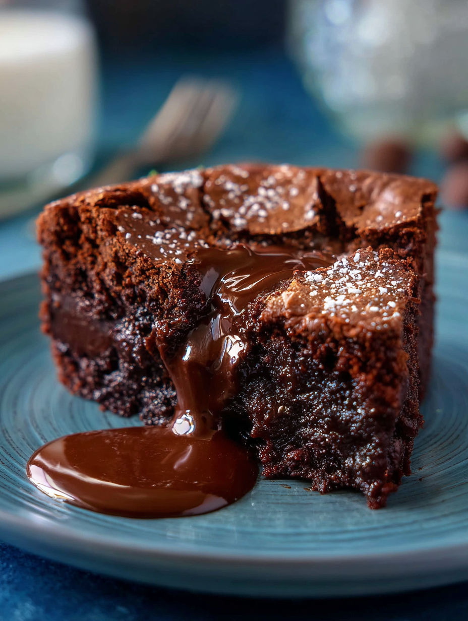 A piece of chocolate cake with chocolate sauce drizzled on top.