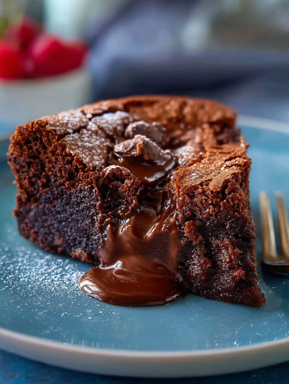A slice of chocolate cake with chocolate drizzle.
