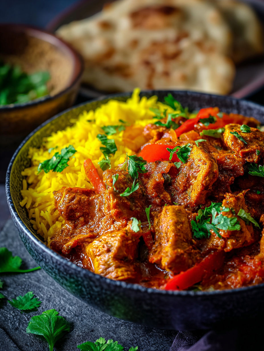 A bowl of chicken jalfrezi with rice and peppers.