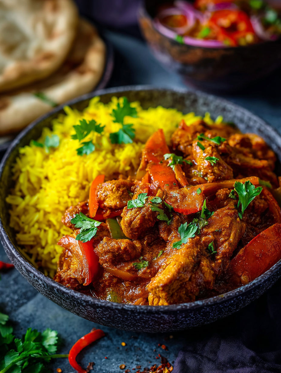 A bowl of chicken jalfrezi with rice and peppers.