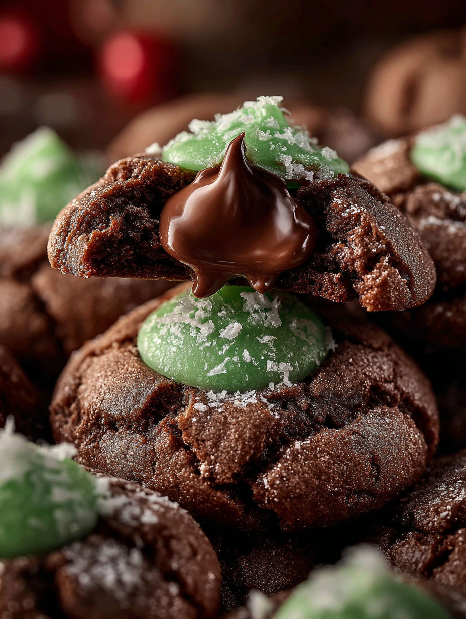 A chocolate mint truffle kiss cookie with a dollop of chocolate on top.
