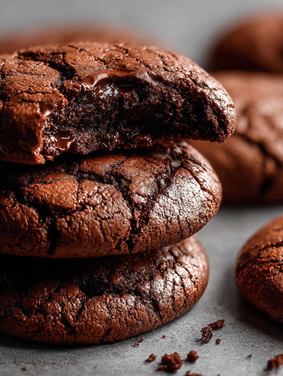 Chocolate brownie cookies stacked on top of each other.