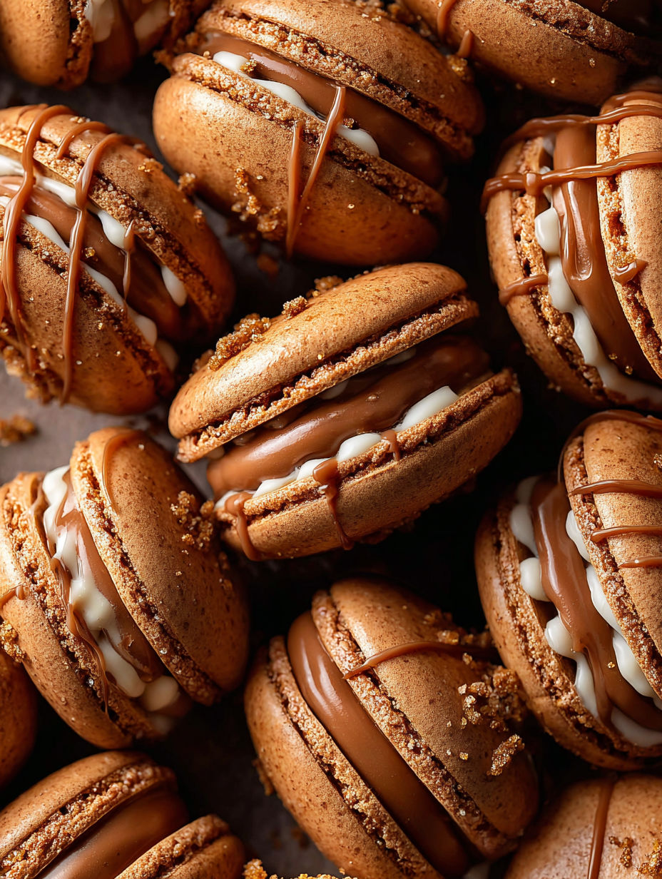 Gingerbread macarons with chocolate drizzle.