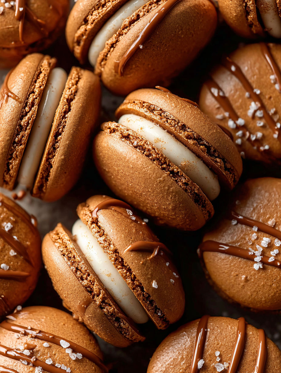 Gingerbread macarons with chocolate drizzle.