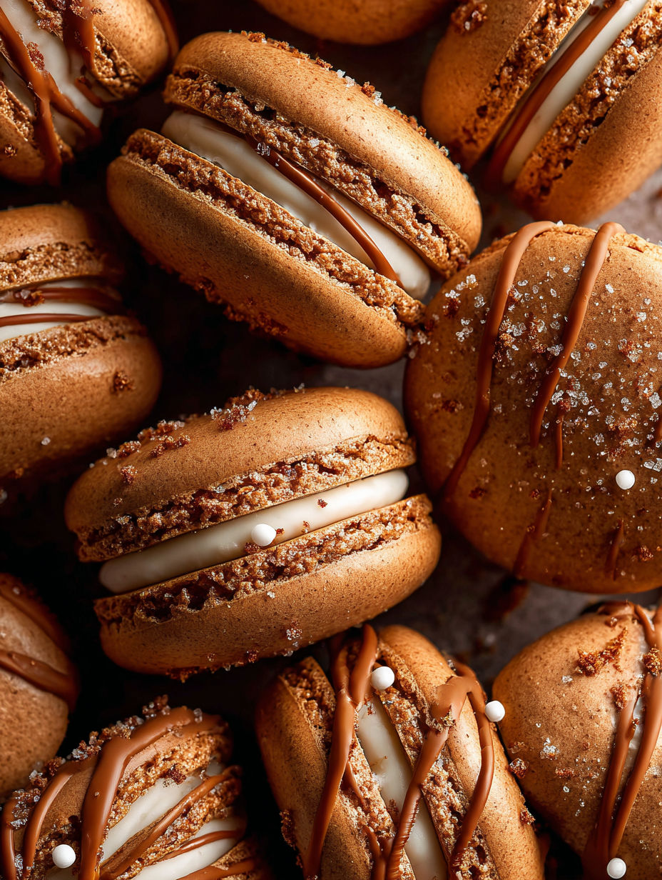 Gingerbread macarons with chocolate drizzle.