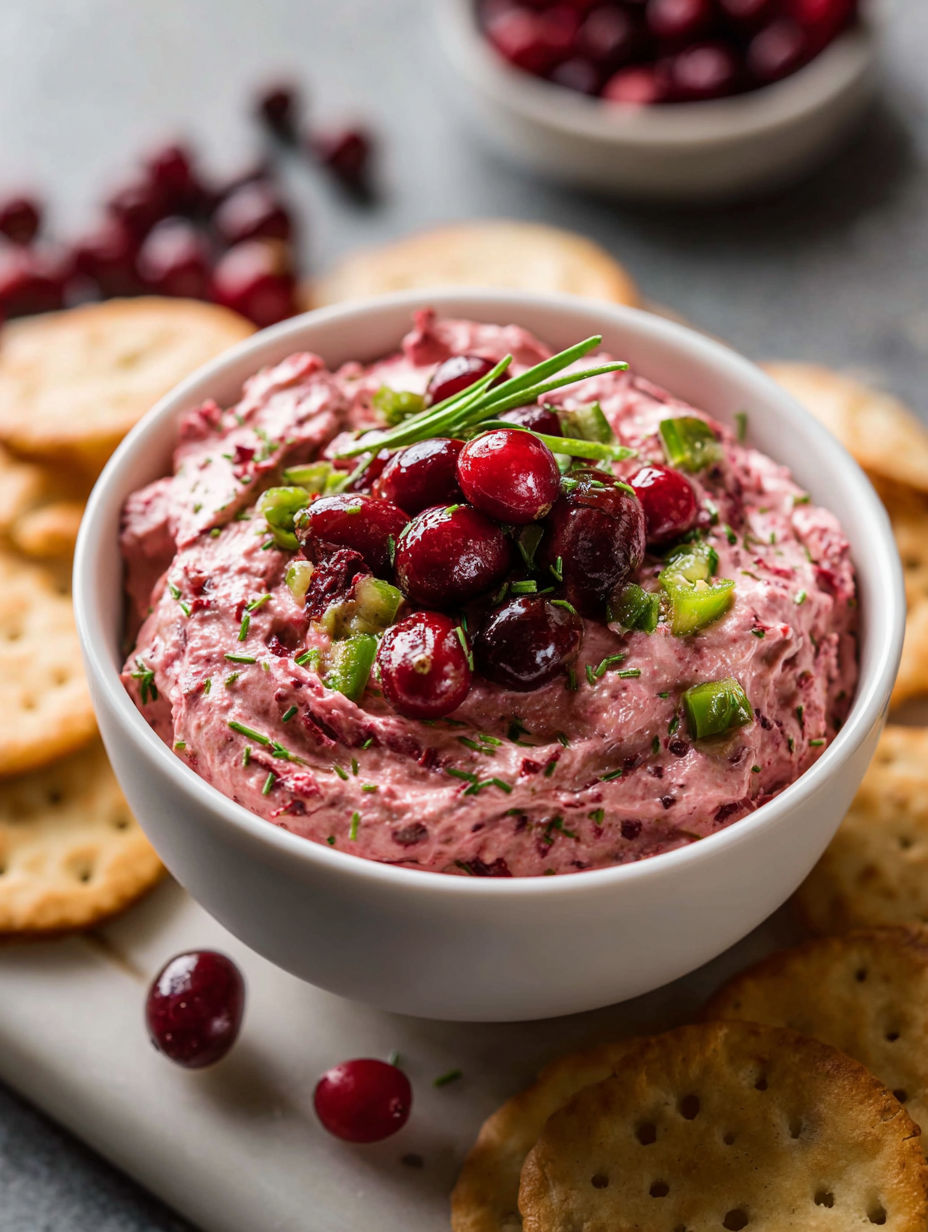 A bowl of cranberry jalapeno dip with crackers.