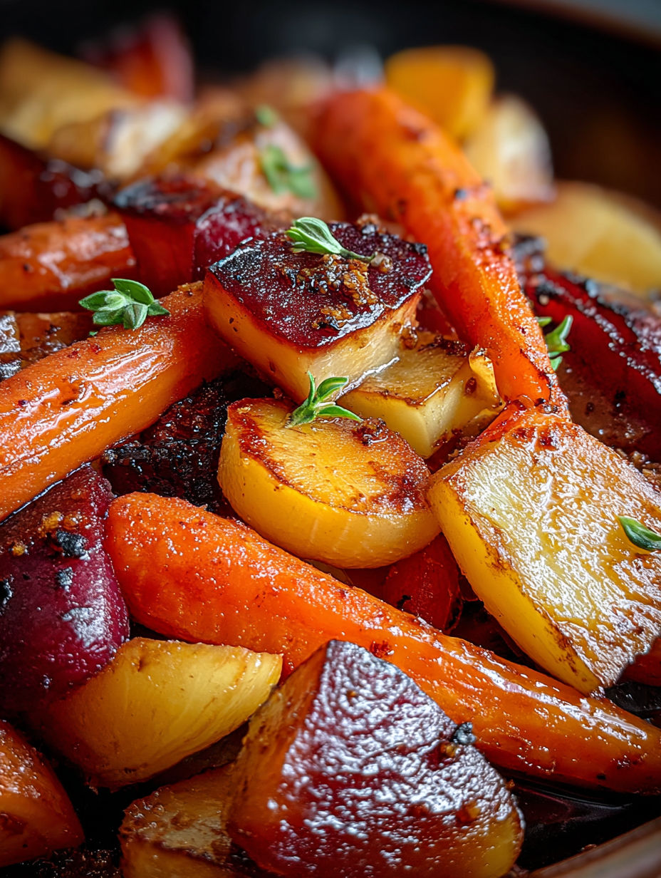 A dish of roasted apples and carrots.